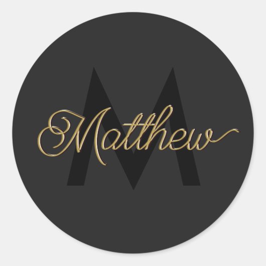黒と金ゴールドのタイポグラフィ名前の追加&モノグラムメンズ ラウンドシール (正面)