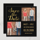 黒と金ゴールドのタイポグラフィ日付の写真カードを保存 招待状 (正面/裏面)