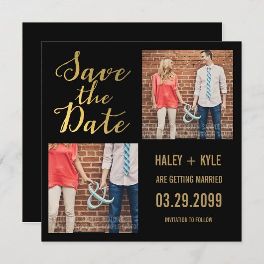 黒と金ゴールドのタイポグラフィ日付の写真カードを保存 招待状 (正面/裏面)