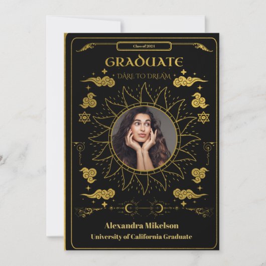 黒と金ゴールドのタロット写真の卒業 案内状 (正面)