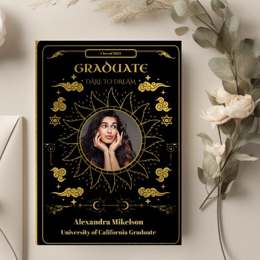 黒と金ゴールドのタロット写真の卒業 案内状