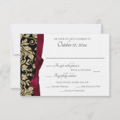 黒と金ゴールドのダマスクとブルゴーニュの弓応答 出欠カード (正面)