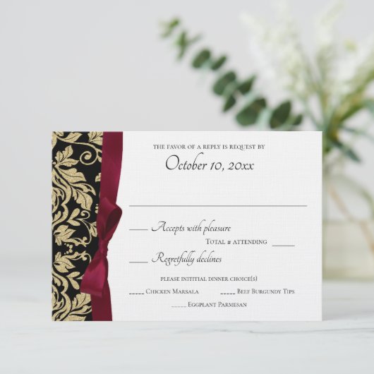 黒と金ゴールドのダマスクとブルゴーニュの弓応答 出欠カード (スタンド正面)