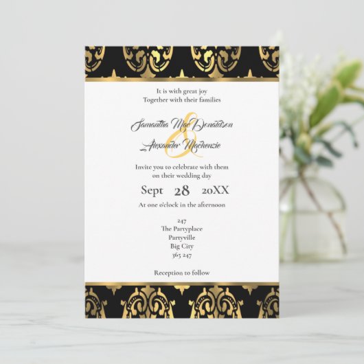 黒と金ゴールドのダマスクの結婚式 招待状 (スタンド正面)