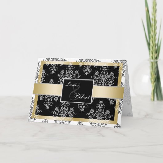 黒と金ゴールドのダマスクウェディング招待状 招待状 (正面)