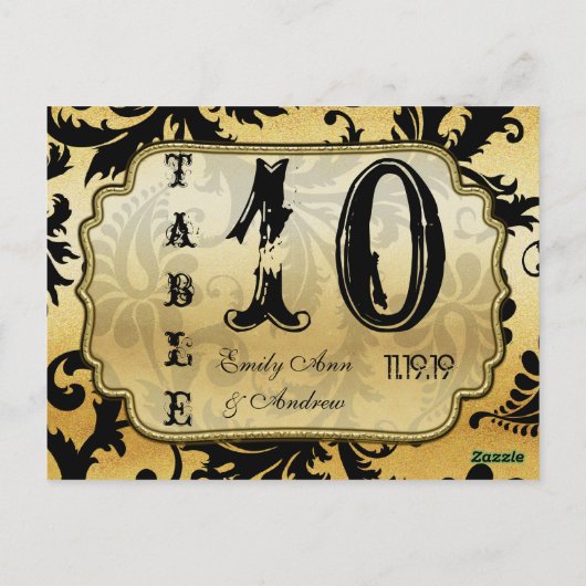 黒と金ゴールドのダマスク渦巻き表の番号 ポストカード (裏面)