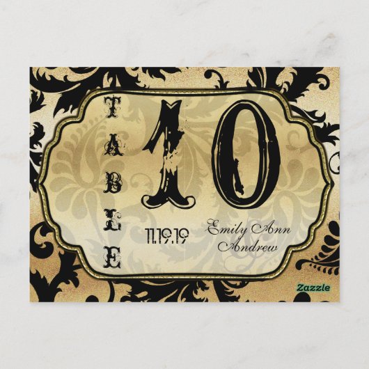黒と金ゴールドのダマスク渦巻き表の番号 ポストカード (裏面)