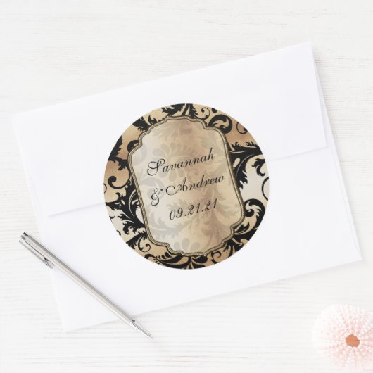 黒と金ゴールドのダマスク結婚式のシール ラウンドシール (封筒)