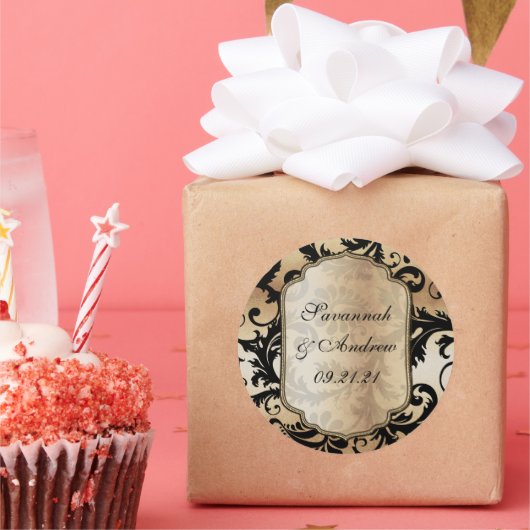 黒と金ゴールドのダマスク結婚式のシール ラウンドシール (パーティー)