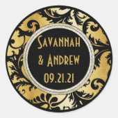 黒と金ゴールドのダマスク結婚式のシール ラウンドシール (正面)