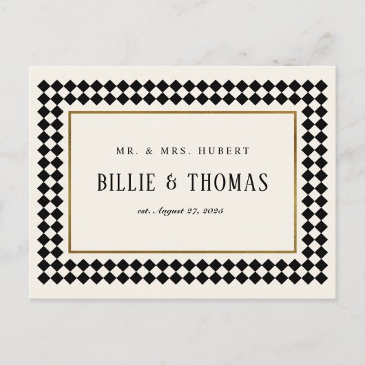 黒と金ゴールドのチェッ縁どカーボード写真 ポストカード (正面)