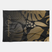 黒と金ゴールドのトロピカル葉 キッチンタオル (横)