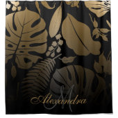 黒と金ゴールドのトロピカル葉 シャワーカーテン (正面)