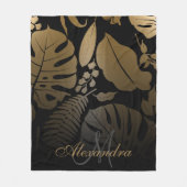 黒と金ゴールドのトロピカル葉 フリースブランケット (正面)