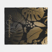 黒と金ゴールドのトロピカル葉 フリースブランケット (正面(横))