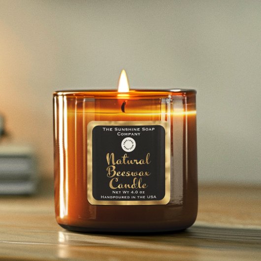 黒と金ゴールドのナチュラルビーズワックスキャンドルラベルwロゴ スクエアシール