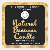 黒と金ゴールドのナチュラルビーズワックスキャンドルラベルwロゴ スクエアシール (正面)