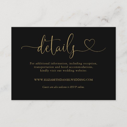 黒と金ゴールドのハート結婚スクリプトの詳細 エンクロージャーカード (正面)