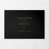 黒と金ゴールドのハート結婚スクリプト 三つ折り招待状 (カバー)