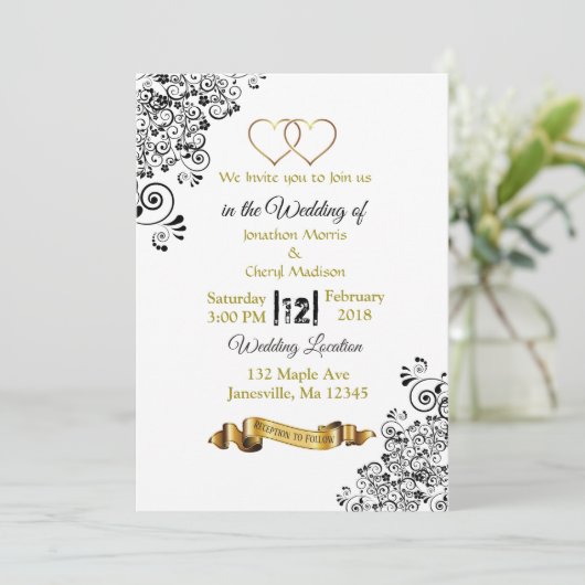 黒と金ゴールドのハート結婚式招待状 招待状 (スタンド正面)