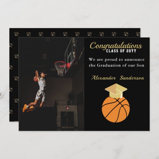 黒と金ゴールドのバスケットボール卒業発表 案内状 (正面/裏面)