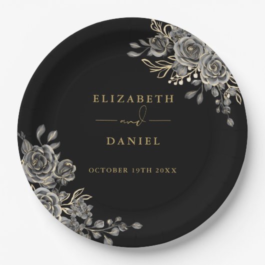 黒と金ゴールドのバラフローラゴシック結婚ズ ペーパープレート (正面)