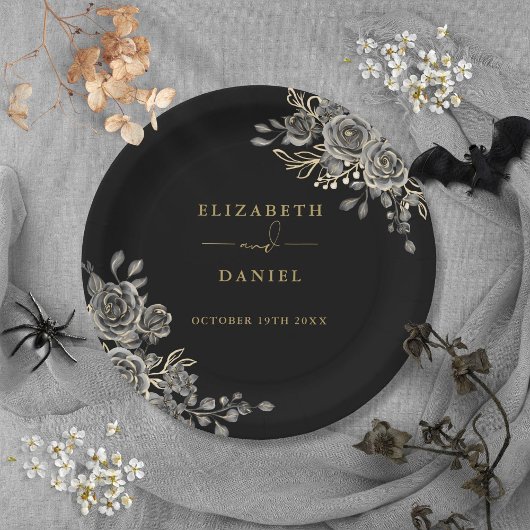 黒と金ゴールドのバラフローラゴシック結婚ズ ペーパープレート