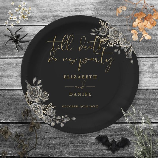 黒と金ゴールドのバラフローラゴシック結婚ズ ペーパープレート