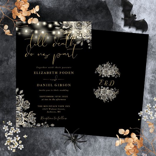 黒と金ゴールドのバラフローラライト結婚ゴシック 招待状