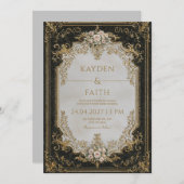 黒と金ゴールドのバラ結婚フレーム 招待状 (正面/裏面)