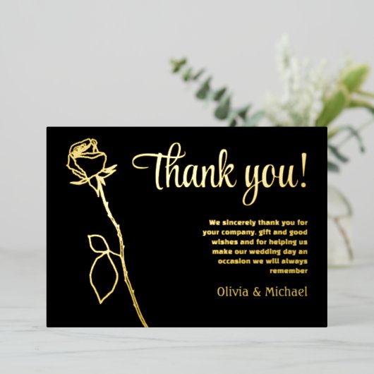黒と金ゴールドのバラ芽サンキューカード 箔シーズンカード (立ち正面)