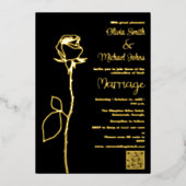 黒と金ゴールドのバラ芽QRコード結婚式招待状 箔シーズンカード (正面)