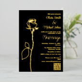 黒と金ゴールドのバラ芽QRコード結婚式招待状 箔シーズンカード (立ち正面)