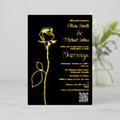 黒と金ゴールドのバラ芽QRコード結婚式招待状 箔シーズンカード (立ち正面)