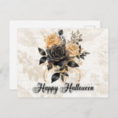 黒と金ゴールドのバラ葉葉ハロウィーン シーズンポストカード (正面/裏面)