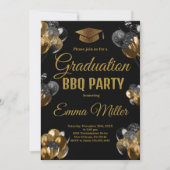 黒と金ゴールドのバルーン卒業BBQパーティー 招待状 (正面)