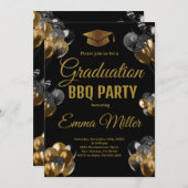 黒と金ゴールドのバルーン卒業BBQパーティー 招待状 (正面/裏面)