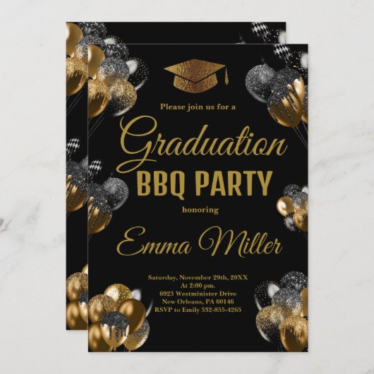 黒と金ゴールドのバルーン卒業BBQパーティー 招待状 (正面/裏面)