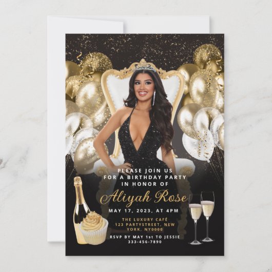 黒と金ゴールドのバルーン王室の誕生日招待状 招待状 (正面)