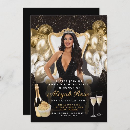 黒と金ゴールドのバルーン王室の誕生日招待状 招待状 (正面/裏面)