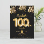 黒と金ゴールドのバルーン紙吹雪100誕生日 招待状 (スタンド正面)