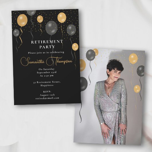 黒と金ゴールドのバルーン退職パーティー写真 招待状