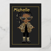 黒と金ゴールドのヒップホップキッズファッション誕生日 箔招待状 (正面)