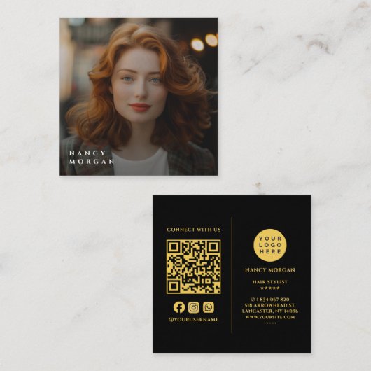 黒と金ゴールドのビジネスロゴ写真QRコード スクエア名刺 (正面/裏面)