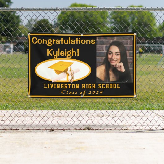 黒と金ゴールドのビニールの卒業写真 横断幕 (インサイチュ)