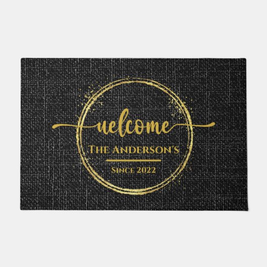 黒と金ゴールドのファミリ名プレーンBurlap Doormat ドアマット (正面)