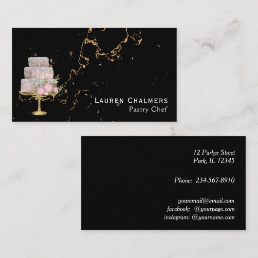 黒と金ゴールドのファンシー大理石ケーキペストリーシェフ 名刺 (正面/裏面)