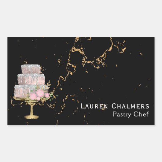 黒と金ゴールドのファンシー大理石ケーキペストリーシェフ 長方形シール (正面)