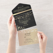 黒と金ゴールドのフェアリー結婚ライト オールインワン招待状 (貼ってはがせる)