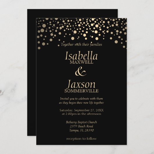 黒と金ゴールドのフェイクホイルのドット 招待状 (正面/裏面)